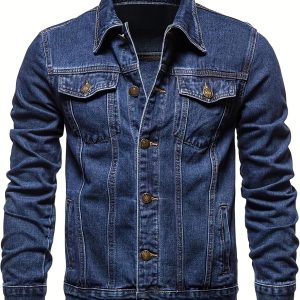 Men's Denim Jacket Vintage-Inspired Jean Jacket with Multiple Pockets - Cotton Blend, Machine Washable